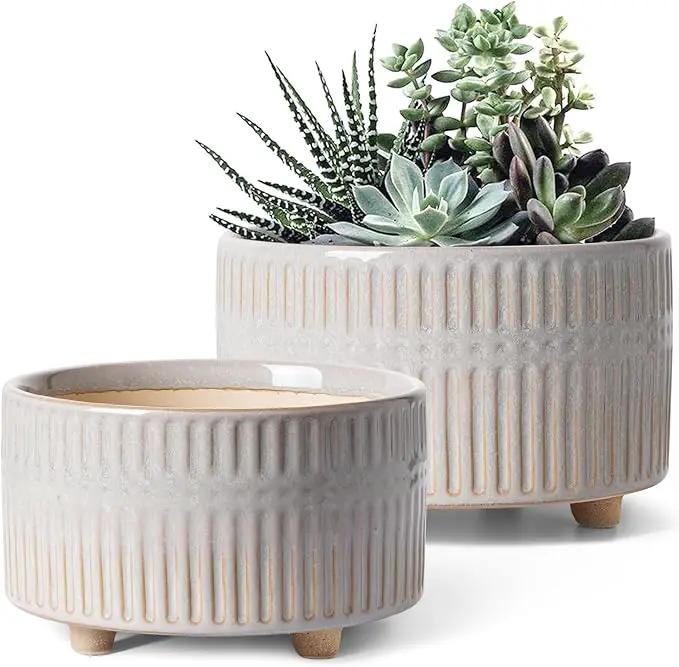 LE TAUCI Succulent Pots, 6.5+8 Inch Ceramic Indoor Plant Pot with Drainage Hole, Modern Round Decorative Flower Pot, Set of 2, Reactive Glaze Star White by GreenHaven Gardens