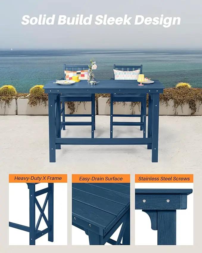 3 Pieces HDPE Outdoor Patio Bar Set, Rectangular Outdoor Bar Height Table and Chairs Set, Adirondack Patio Bar Stools Set, Outdoor Bar Table and Chairs Set for Balcony, Poolside, Porch, Navy by GreenHaven Gardens