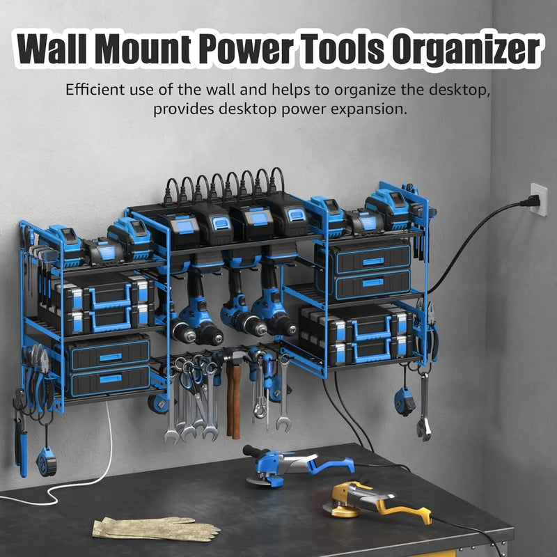 CCCEI Blue Power Tool Organizer Wall Mount, Large Tools and Battery Storage Rack Charging Station Individual Switches. Drills Holder, Garage Utility Shelves with 6FT Power Strip. Gift for Men. by GreenHaven Gardens
