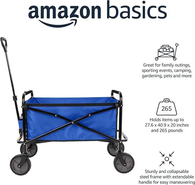 Amazon Basics Collapsible Folding Heavy Duty Utility Wagon for Outdoor Sports, 265 pounds Weight Capacity, Camping, Garden, and Shopping, 27.6 x 40.9 x 20 inches, Blue by GreenHaven Gardens