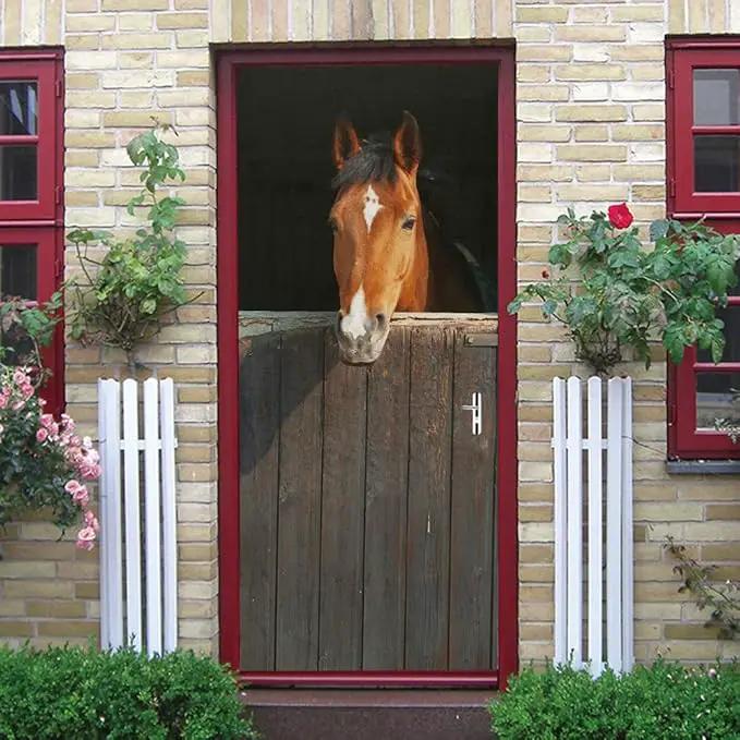 Horse 3D Door Stickers Murals - Peel & Stick - Waterproof & Washable - Rustic Brown Animal Print - Matte Finish - Door & Wall Decals - 31.5" x 78.7" (2 Parts) by GreenHaven Gardens