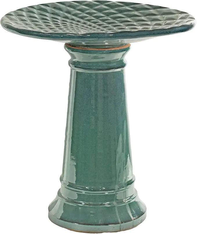 Sunnydaze Rennes Outdoor Ceramic Bird Bath - 22.5" H - UV- and Frost-Resistant - Glazed Bowl and Pedestal with Turquoise Finish by GreenHaven Gardens
