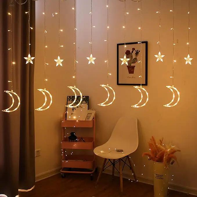 Dazzle Bright Ramadan Curtain String Lights, 138 LED 6.7ft x 3.2ft Warm White Star Moon 8 Lighting Modes Fairy Lights with Remote for Bedroom Wall, Wedding, Outdoor Party, Ramadan Decorations by GreenHaven Gardens