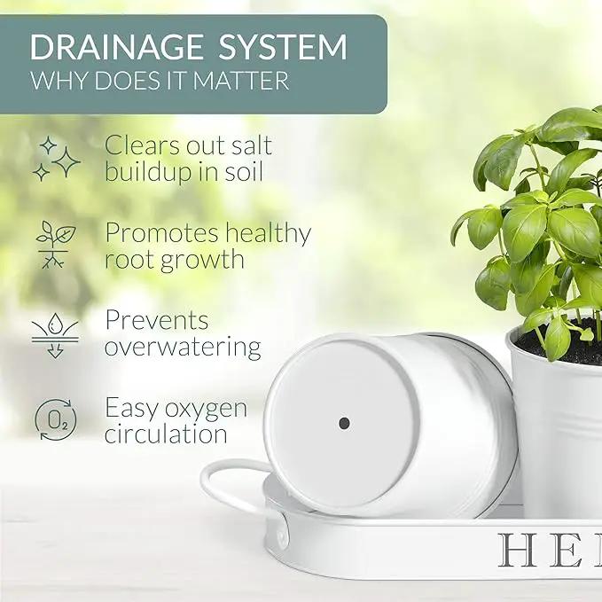 Barnyard Designs Indoor Herb Garden Planter Set with Tray, Metal Windowsill Plant Pots with Drainage for Outdoor or Indoor Plants, Set/3 (White) by GreenHaven Gardens