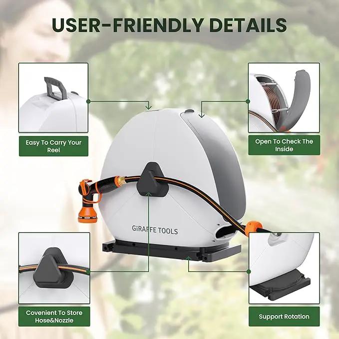 Giraffe Tools Ground Mounted Retractable Hose Reel 1/2 Inch x 130FT, Heavy Duty Automatic Rewind Garden Hose Reel, with Flexible Swivel Base for Lawn, Concrete Floor by GreenHaven Gardens