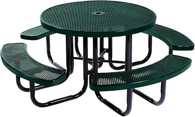 Heavy-Duty Portable Outdoor Picnic Table with Umbrella Hole, Punched Steel Commercial-Grade Patio Dining Furniture Made in America (46" Round Top, Textured Dark Green) by GreenHaven Gardens
