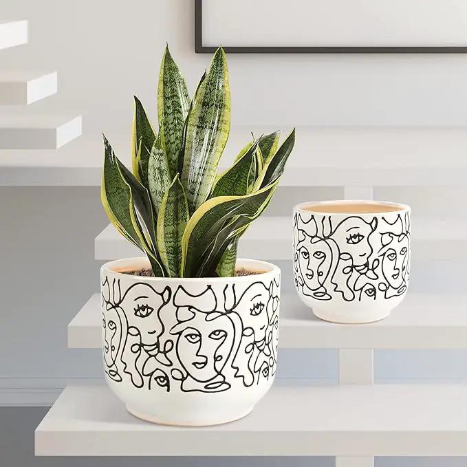 Docrin Plant Pots Indoor with Drainage : 6.6+5.4 Inch Ceramic Flower Pots for Plants - Set of 2 Modern Decorative Face Planters for House/Office/Gift - /Black and White by GreenHaven Gardens