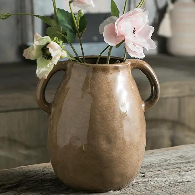 Brown Ceramic Vase with 2 Handles, Modern Farmhouse Decor, Rustic Terracotta Pottery, Decorative Flower Vases, Clay Small Vase, Centerpiece for Dining Table - 7 Inch Tall by GreenHaven Gardens