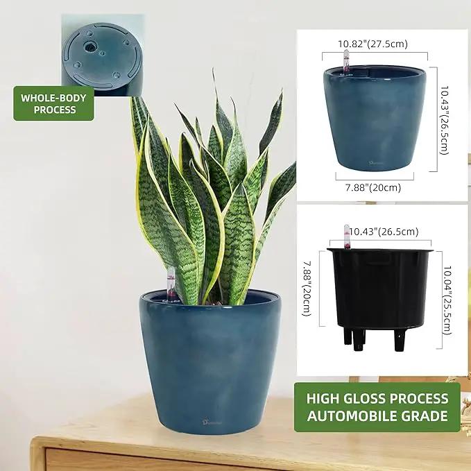 Dexceder 11x10 Inches Self Watering Planter Indoor Outdoor, Inner Pot Design, Thickened Table Flower Plant Pot with Water Level Indicator (Grayish Green Gradient) by GreenHaven Gardens