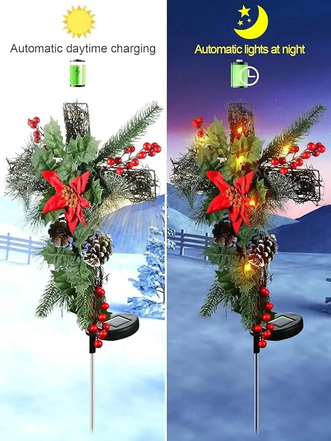 2 Pack Christmas Decorations Outdoor Solar Cross Stake Lights for Christmas Decor, IP65 Waterproof, Auto On/Off Cross Light Grave Decorations with 10 LEDs & Pinecones for Garden Yard Lawn Cemetery by GreenHaven Gardens