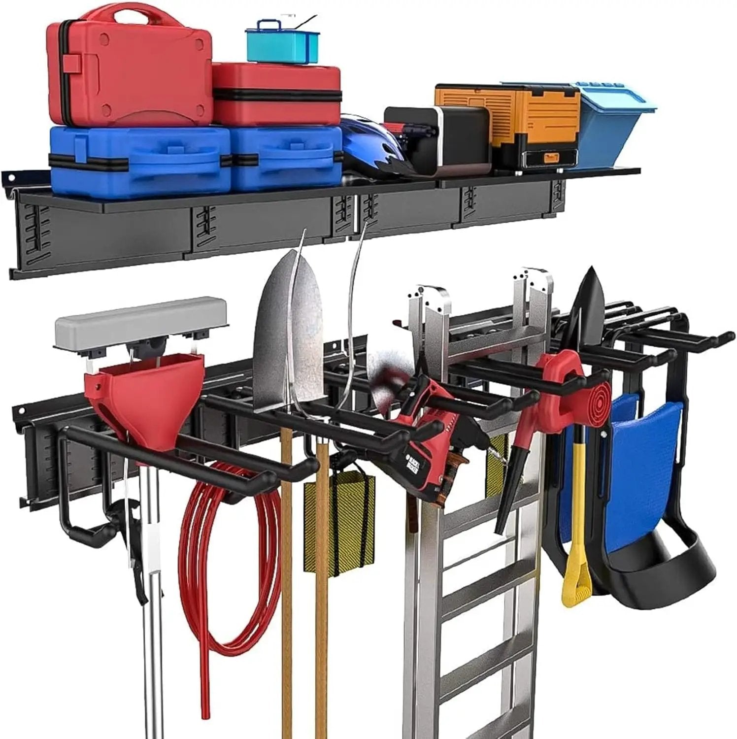 TORACK Garage Storage Organizer Systems, Wall Mount Overhead shelving, 48 inch Heavy Duty Steel Tool Racks, 6-Pack 12'' Double Hooks, 48 inch by 7 inch Floating Shelves, up to 1200Ibs by GreenHaven Gardens