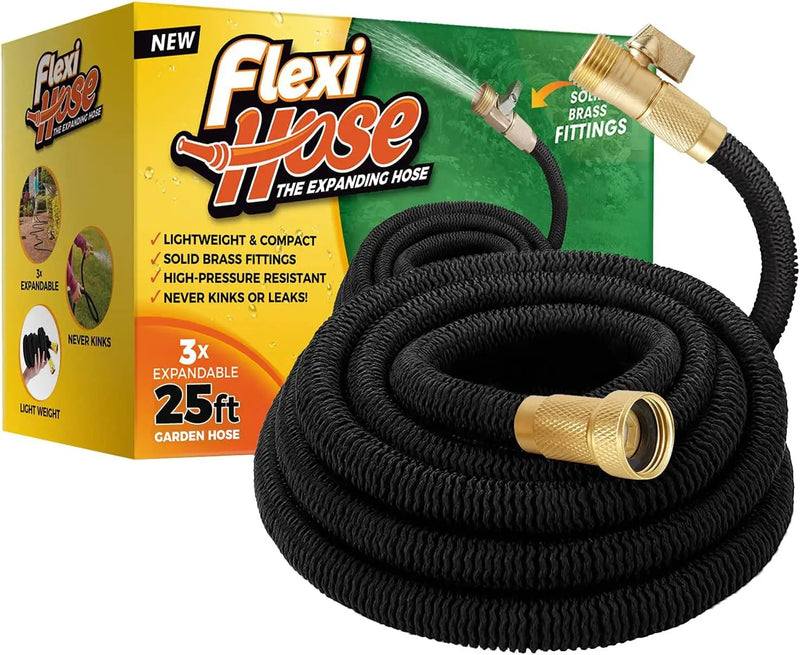 Flexi Hose Lightweight Expandable Garden Hose, No-Kink Flexibility, 3/4 Inch Solid Brass Fittings and Double Latex Core (25ft, Black) by GreenHaven Gardens
