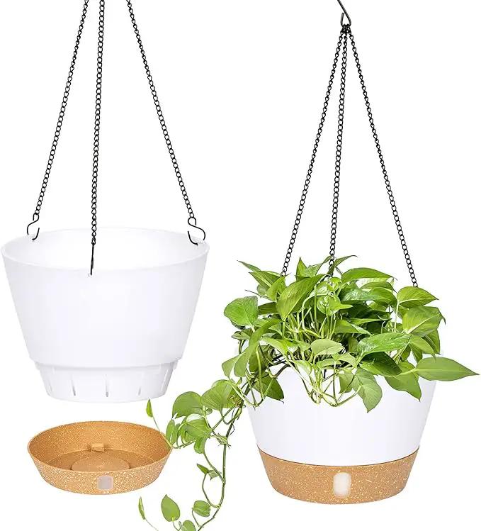 QCQHDU 2 Pack 10 inch Hanging Planters for Indoor Plants, Outdoor Hanging Baskets, Self Watering Pots with Drainage Holes & Removable Tray (White, 10 inch) by GreenHaven Gardens