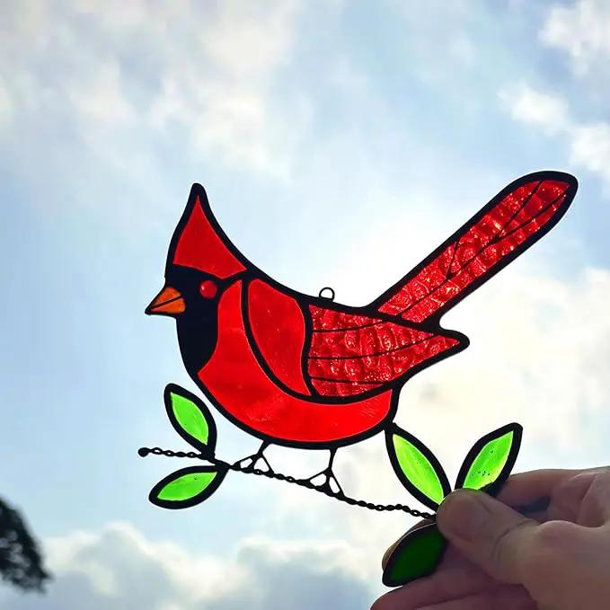 2 Packs Stained Glass Red Cardinal Memorial Gifts for Women, Stained Glass Window Hanging, Red Cardinal on Branch Ornament Suncatcher, Handmade Bird Decor Gift for Mom, Bird Lover by GreenHaven Gardens