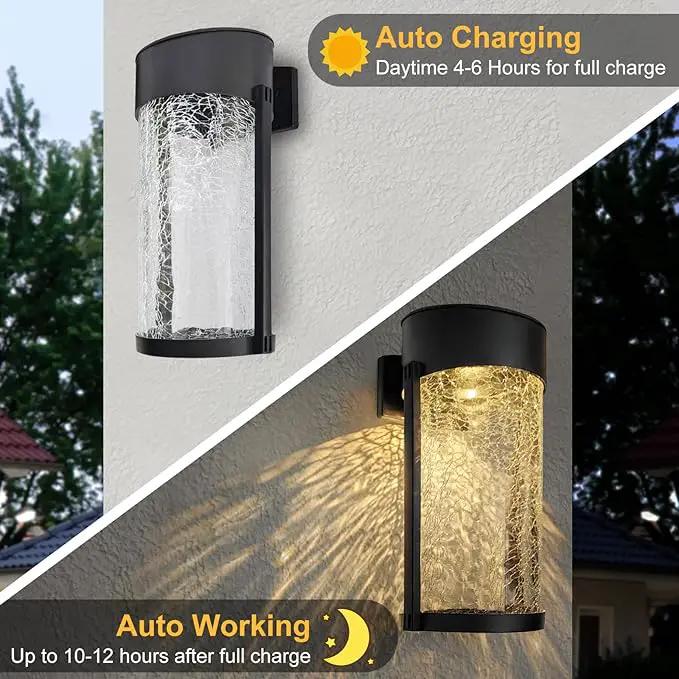 2PK Solar Outdoor Wall Lights with Crackle Glass Shade, Porch Fence Exterior Light Fixture Solar Powered Wall Scones by GreenHaven Gardens