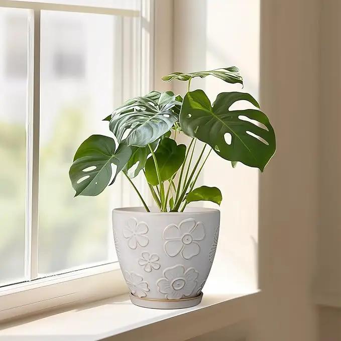 Ceramic Planter 8 Inch Plant Pot with Drainage Hole and Saucer Ceramic Pots for Indoor Plants Outdoor Large Flower Pot for Home Decor White