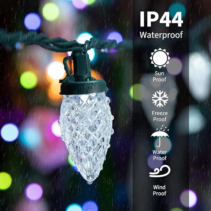 C9 Christmas String Lights White, 66ft 100 LED Faceted Christmas Lights on Green Wire, Large Bulb Strawberry String Lights for House Roof Roofline Christmas Tree Party Outdoor by GreenHaven Gardens