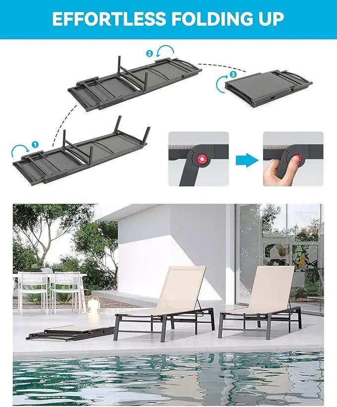 Aluminum Chaise Lounge Chair Outdoor, Foldable Patio Lounge Chair 2 Sets Assemble-Free, Pool Lounge Chairs with 5 Adjustable Backrest, Outdoor Lounge Chairs for Outside Poolside Beach Lawn Beige by GreenHaven Gardens