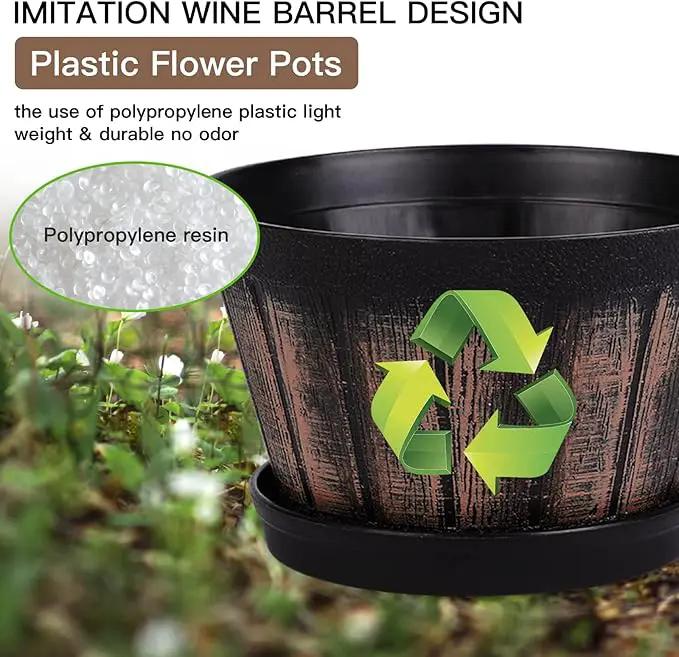 Quarut 6 inch Brown Barrel Planters with Drainage Holes & Saucer, Set of 4, Indoor & Outdoor Garden Home Plants by GreenHaven Gardens