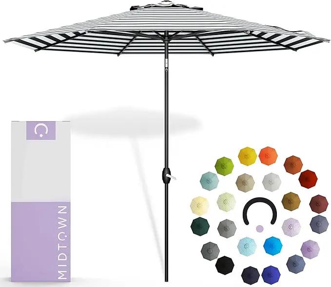 Midtown Umbrellas 10-Year-No-Fade - 8 Ft - UV Proof Black/White Stripes Fabric - Umbrella Outdoor Patio, Auto-Tilt Aluminum Frame Patio Umbrella for Garden, Pool & Deck - Black Pole by GreenHaven Gardens