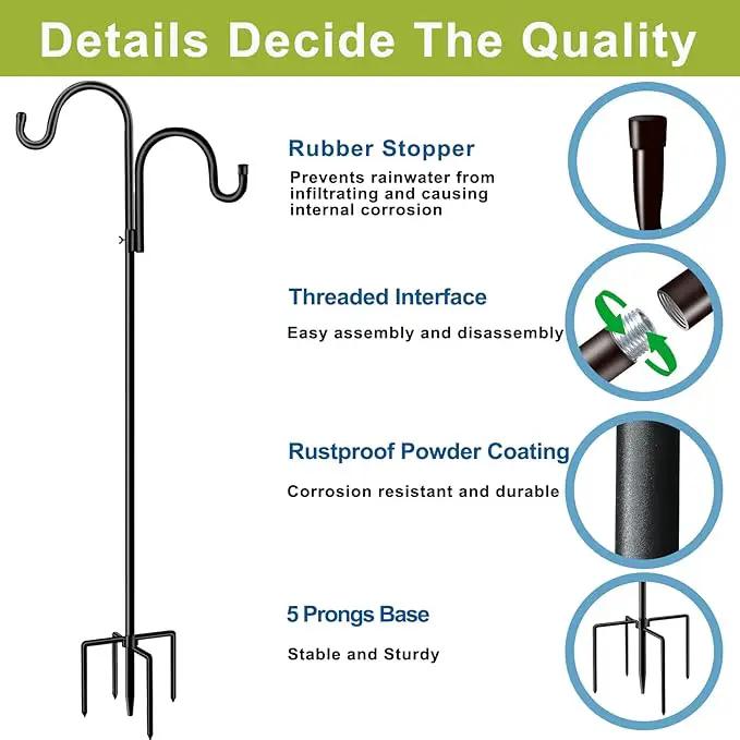 Double Shepherds Hook for Outdoor,94 Inch Bird Feeder Pole with 5 Prongs Base,Adjustable Heavy Duty Garden Hanging Holder for Hanging Plant,Solar Light,Weddings Decor,Hummingbird Feeder（1 Pack） by GreenHaven Gardens