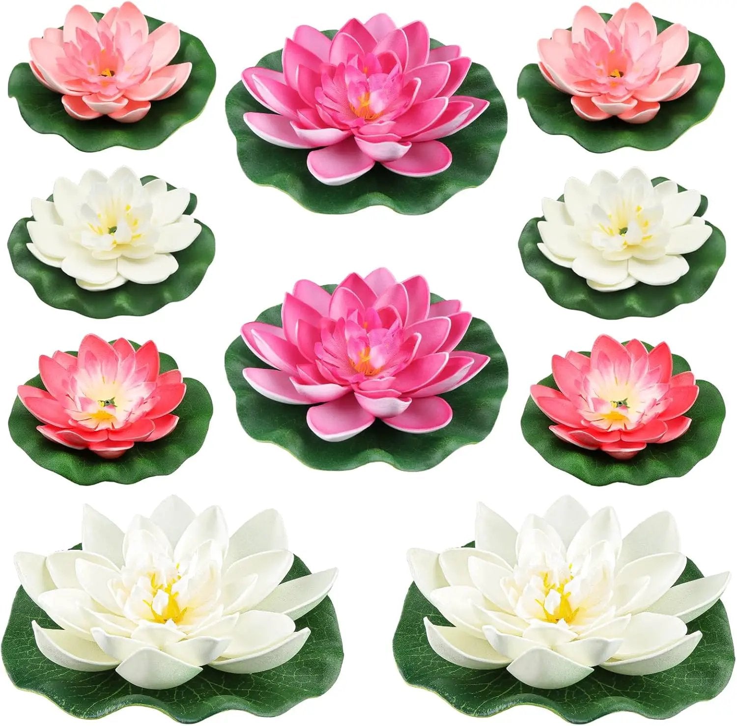 10PCS 3 Sizes Artificial Foam Lotus Floating Flowers with Water Lily Pad Ornaments for Home Garden Pond Decor Pools Water Decorations, Pink and White by GreenHaven Gardens