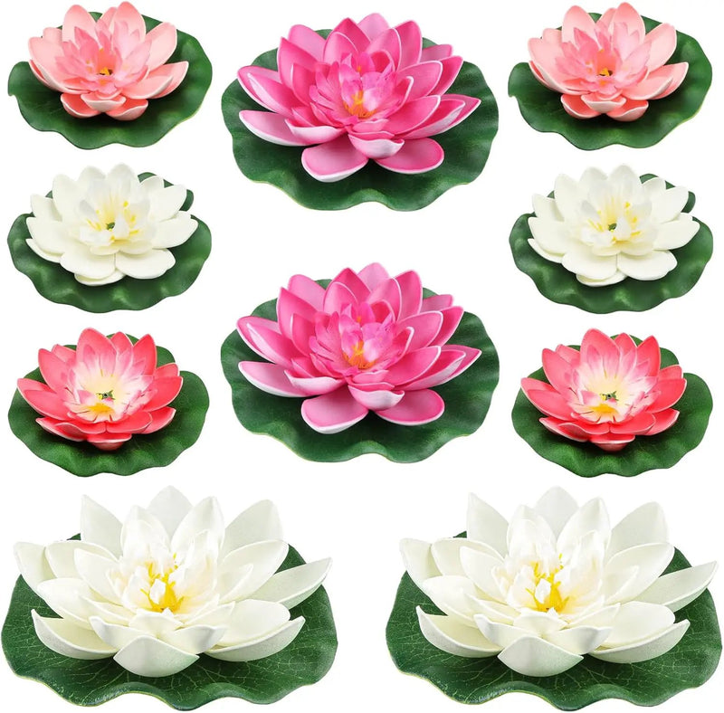 10PCS 3 Sizes Artificial Foam Lotus Floating Flowers with Water Lily Pad Ornaments for Home Garden Pond Decor Pools Water Decorations, Pink and White by GreenHaven Gardens