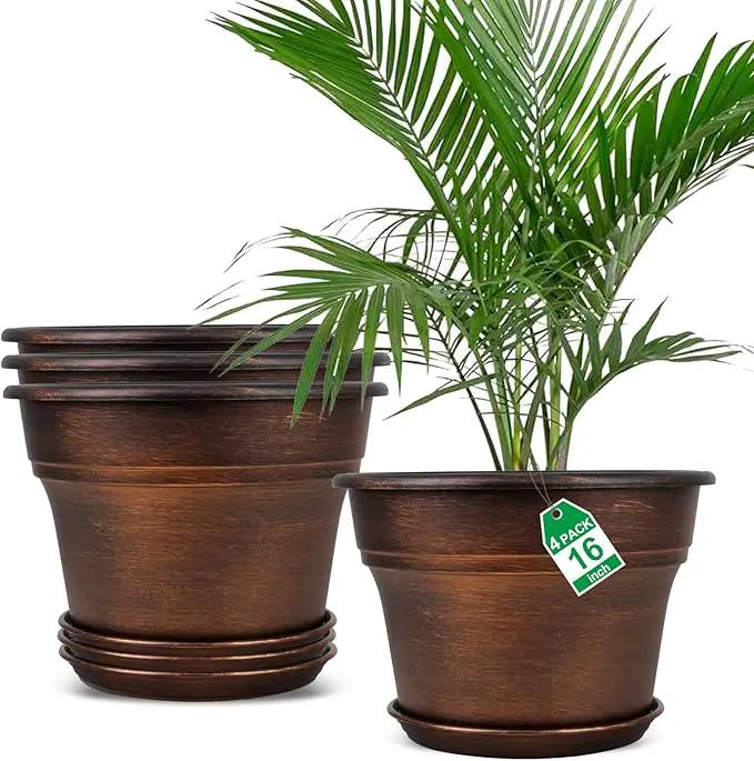 Plant Planters Pots Set of 4 Pack 16 Inch，Large Plastic Flower Pot for Indoor Plants with Drainage Holes & Trays, Resin Decorative Container Sets with Saucer for House Outdoor Garden Plant Copper by GreenHaven Gardens