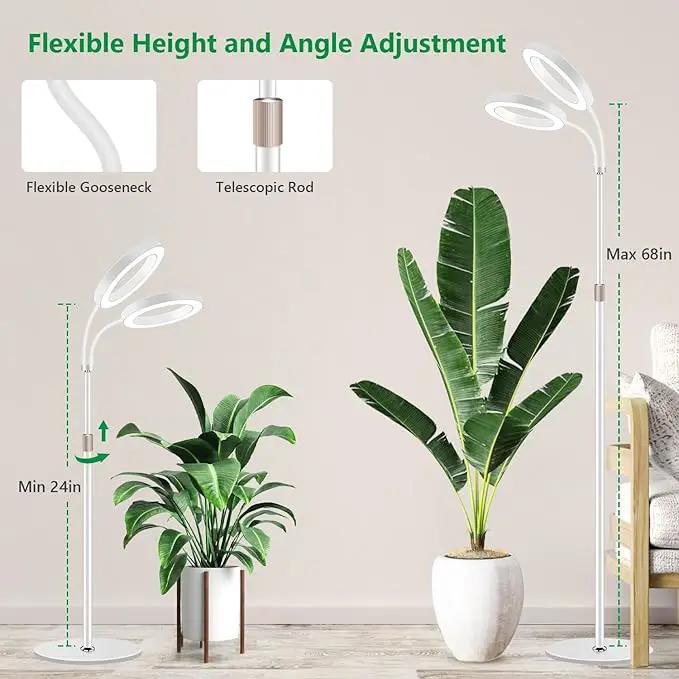 Large Plant Light for Indoor Plants, 2 Head Full Spectrum Grow Light with 68" Adjustable Stand for Growing Large Tall Plants, White Halo Floor LED Grow Lamp with 16 Hour Timer by GreenHaven Gardens