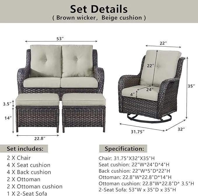 5 Piece Outdoor Patio Furniture Set - Wicker Furniture Patio Conversation Set, Outdoor Swivel Rocker Chairs with Loveseat Sofa and 2 Ottomans for Small Space, Beige Cushion by GreenHaven Gardens