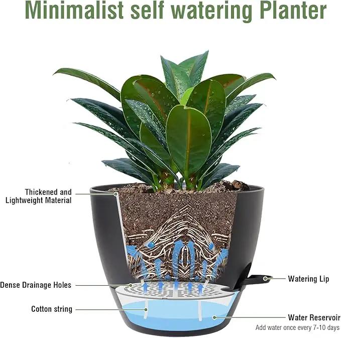 12 inch Large Self Watering Pots for Indoor Outdoor Plants, Flower Plant Pots with Mesh Drainage Holes for Garden House, Plastic Planters with Reservoir for Home Decor, Black by GreenHaven Gardens