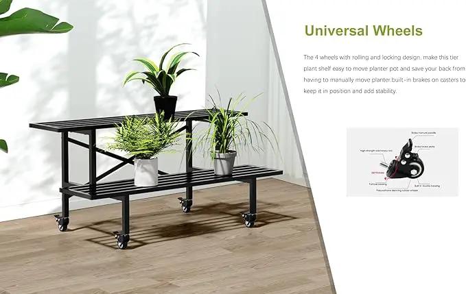 Zhongma 2 Tier Sturdy Metal Plant Stand with Wheels, L35.43 x W17.5 x H16.14 inch, Heavy Duty Plant Holder for Home Indoor and Outdoor,440 LBS Capacity & Heavy Duty Construction by GreenHaven Gardens