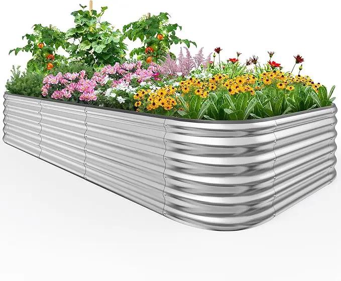 Quictent Raised Garden Bed Kit Oval Galvanized Metal Planter Box Tall for Vegetables Outdoor Backyard, Rubber Strip Edging Included, Silver 8x4x1.5 ft by GreenHaven Gardens