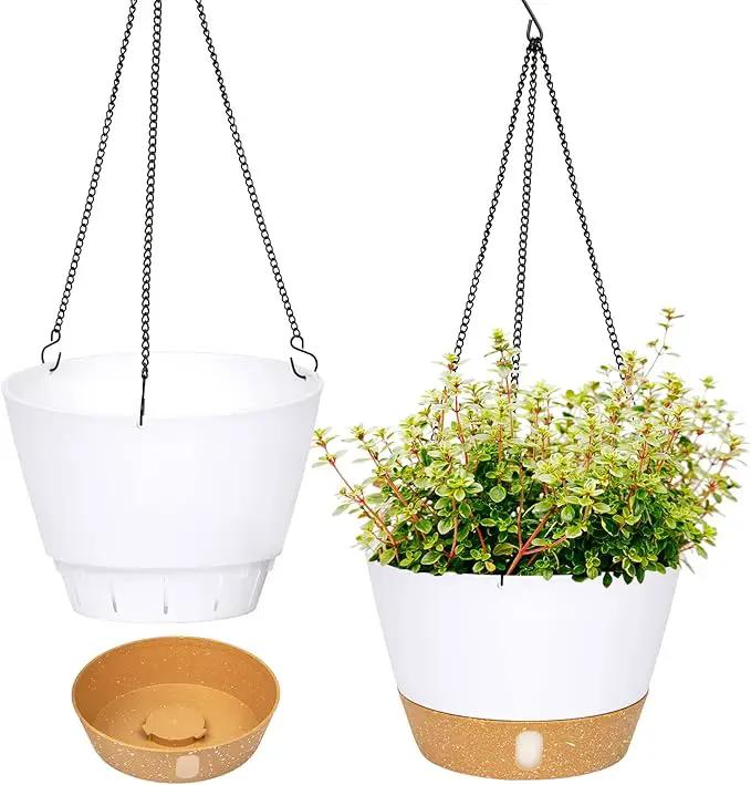 QCQHDU 2 Pack 8 inch Hanging Planters for Indoor Plants, Outdoor Hanging Baskets, Self Watering Pots with Drainage Holes & Removable Tray (White, 8 inch) by GreenHaven Gardens