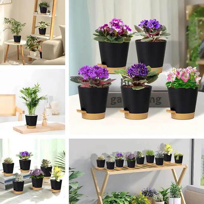 5 Pack 5 inch Self-Watering Pots, African Violets Planter with Drainage Holes and Reservoir, Black Brown Plastic Planter for Indoor Outdoor Plants Flowers and Houseplants black brown, 5 inch 5 pcs by GreenHaven Gardens