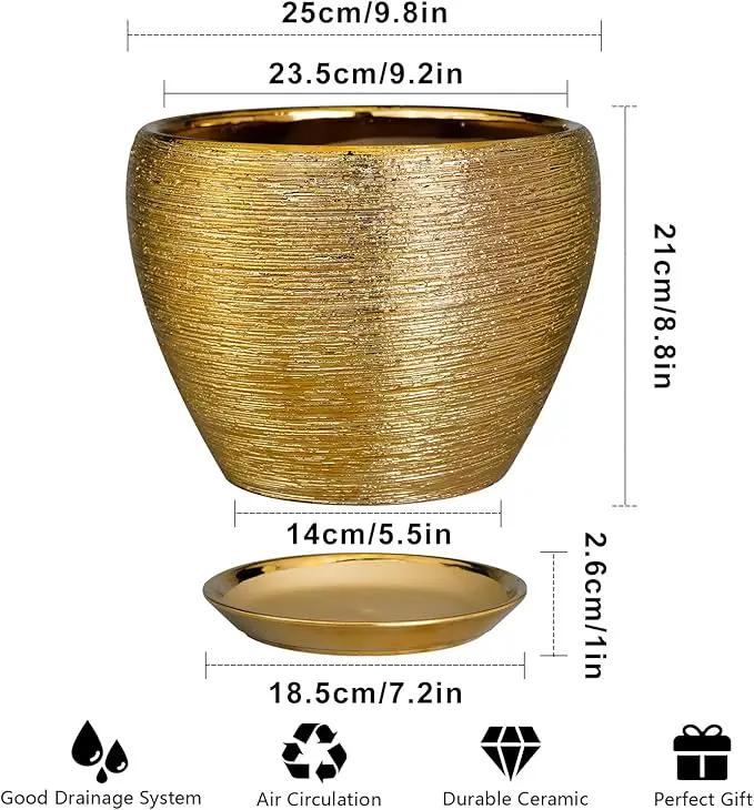 Ceramic Planter 10 Inch - Indoor Plant Pot with Drainage Hole and Saucer Large Decorative Planter Mid-Century Modern Flower Pot Outdoor for Home Decor Gold by GreenHaven Gardens