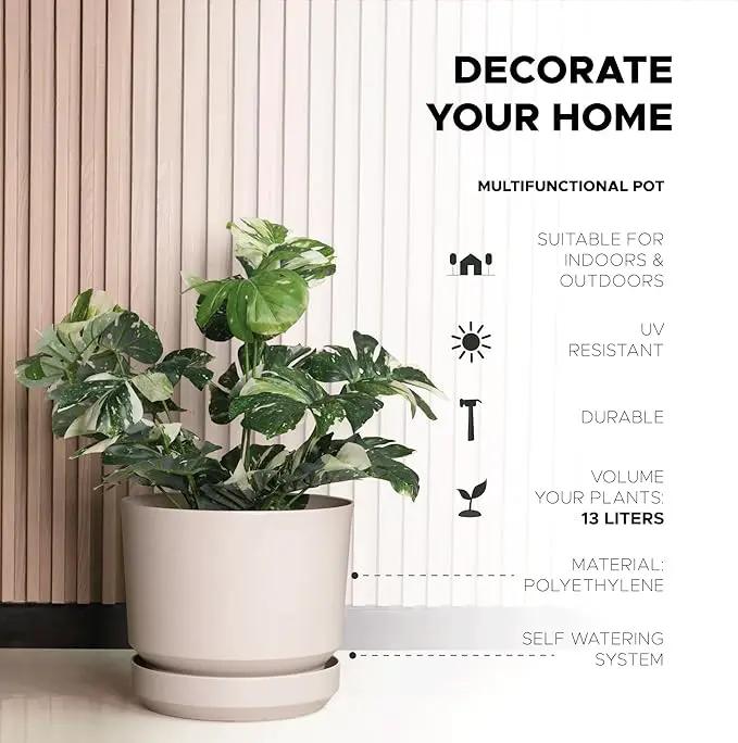 Elly Décor 14 inch Plastic Cylinder Planter Pot with Self-Watering Saucer and Drainage Hole,Lightweight & Extremely Durable, 14"x 14", Ivory by GreenHaven Gardens
