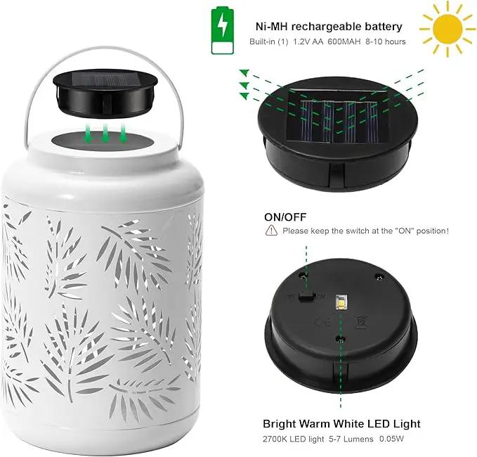 Glitzhome Solar Lantern White Metal Cutout Leaf Outdoor Hanging Solar Light with Handle for Garden Patio Yard Outdoor Decor by GreenHaven Gardens