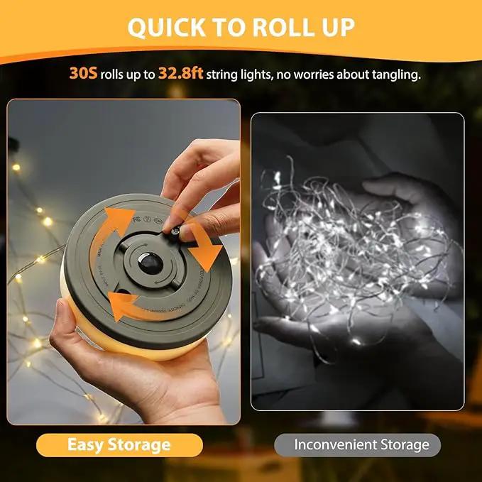 Camping String Lights, 4 in 1 Quick Storage 32.8FT Rechargeable Tent Lights with 6 Modes Hanging Waterproof Camp Lamp Camping Essentials for AwnTent Hiking Yard Garden Bedroom Festival -Multicolor by GreenHaven Gardens