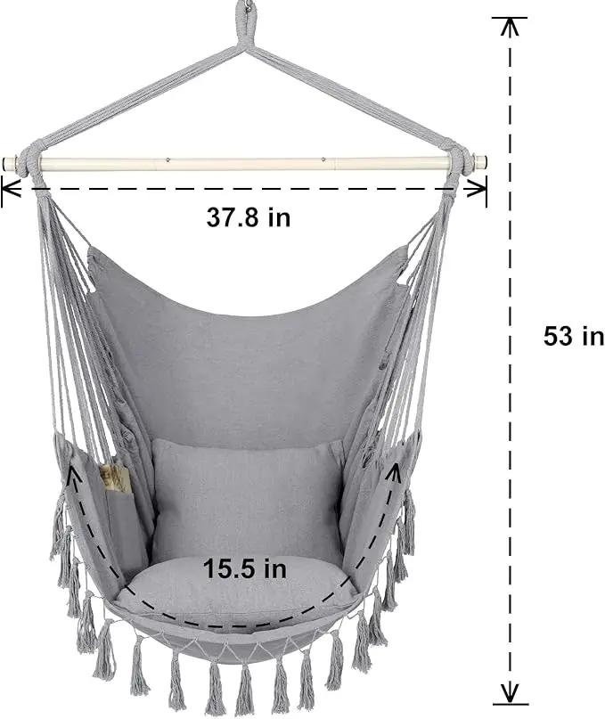 Y- STOP Hammock Chair Hanging Rope Swing, Max 500 Lbs, 2 Cushions Included, Large Macrame Hanging Chair with Pocket for Superior Comfort, with Hardware Kit (Light Grey) by GreenHaven Gardens