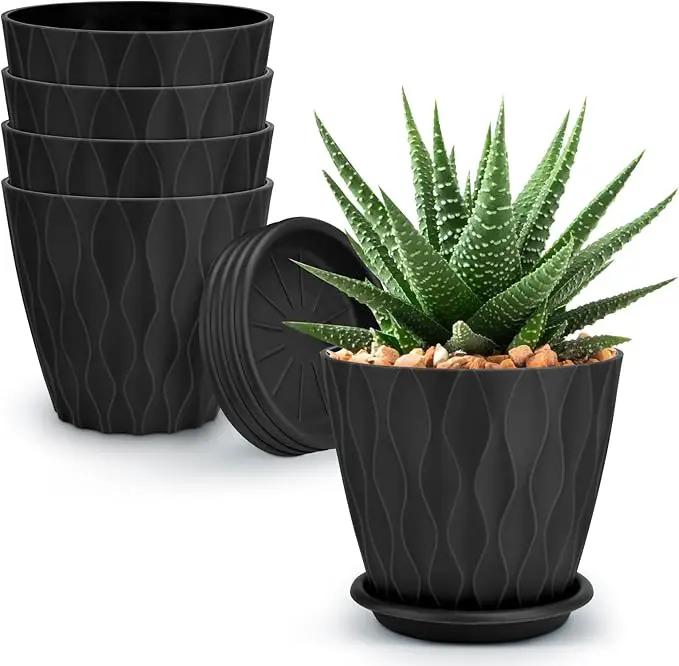 4 inch Plant Pots, 5 Pack Flower Pots Outdoor Indoor, Planters with Drainage Holes and Tray Saucers(Black) by GreenHaven Gardens