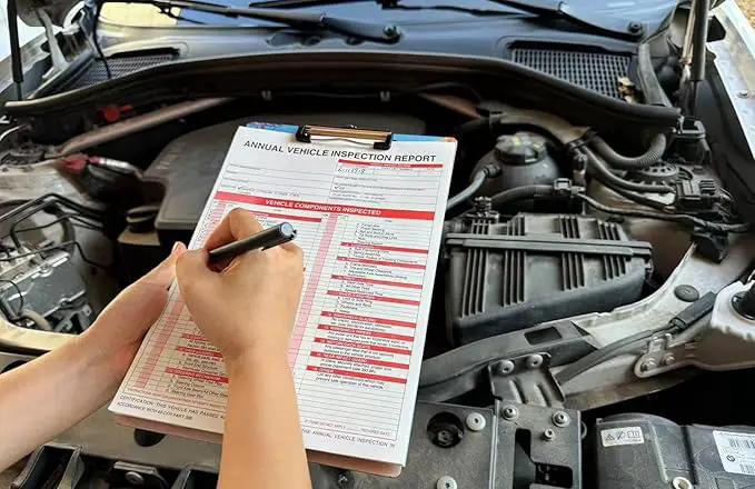 25 Pack 3-Ply Carbonless Annual Vehicle Inspection Report Form with White Interior Inspection Label and Red Exterior Aluminum Inspection Label by GreenHaven Gardens