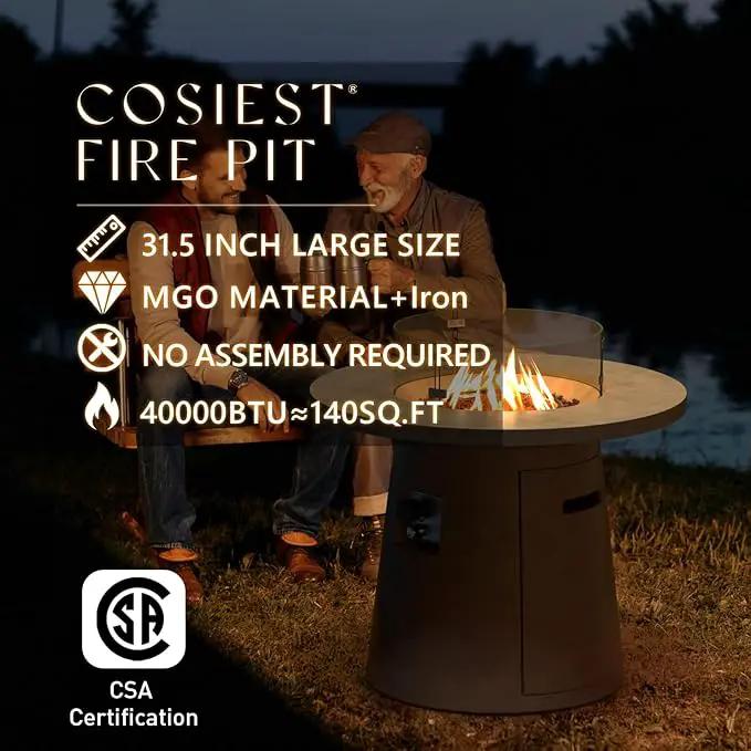 COSIEST 31.5-inch Round Fire Pit, Magnesium Oxide Outdoor Propane Fire Table, CSA Certified, 40,000 BTU Stainless Steel Burner, Free Lava Rocks, Fits 20lb Tank Inside by GreenHaven Gardens