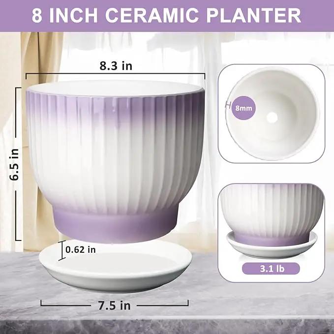 8 Inch Plant Pot, Ceramic Planter with Drainage and Saucer, Ceramic Pots for Plants, Indoor Plant pots,Ceramic Flower pots(Purple + White, Plants NOT Included) by GreenHaven Gardens