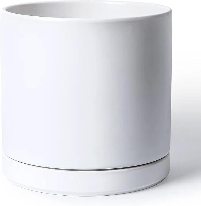 D'vine Dev 12 Inch Ceramic Planter Pot with Drainage Hole and Saucer, Indoor Cylinder Round Planter Pot, White, 94-O-F-1 by GreenHaven Gardens