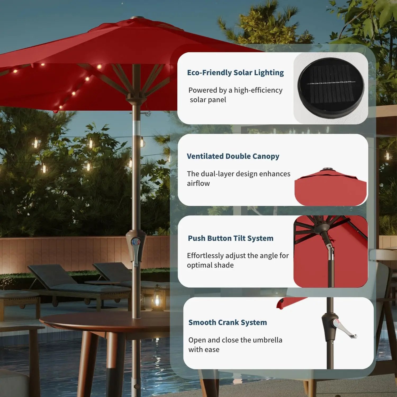 10FT Solar Umbrella 32 LED Lighted Patio Umbrella Table Market Umbrella w/Tilt and Crank, UV-Resistant Outdoor Umbrella for Pool, Garden, Deck, Red by GreenHaven Gardens