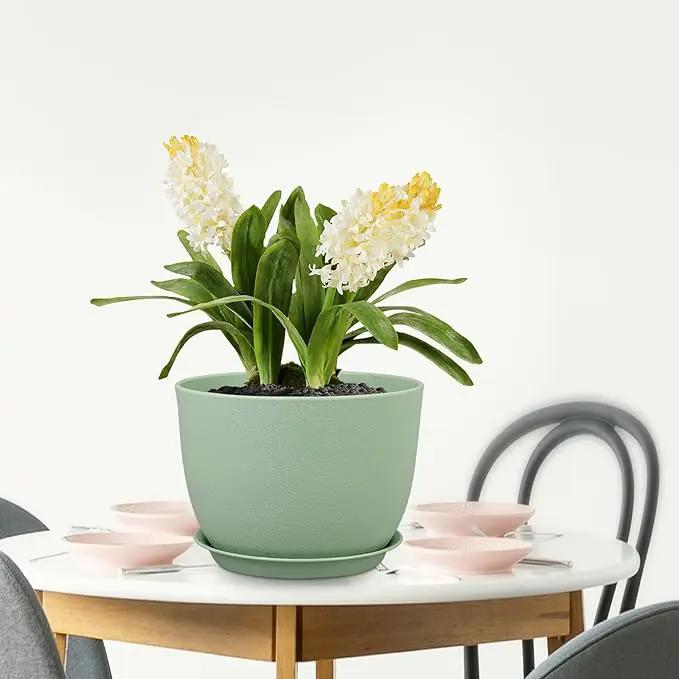 12 inch Big Plant Pots, Plastic Planters with Drainage Holes and Trays, Flower Pots for Indoor Outdoor Plants, Modern Decorative Pots for Garden House Plants, Green by GreenHaven Gardens