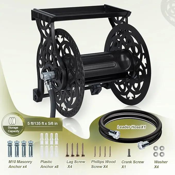 Metal Decorative Garden Hose Reel, Heavy Duty Hose Holder for Outside, Aluminum Frame, No-Leak Aluminum Water System, Easy Assmbly, Wall Mount, Holds 135 ft x 5/8" Hose Storage, Dark Bronze by GreenHaven Gardens