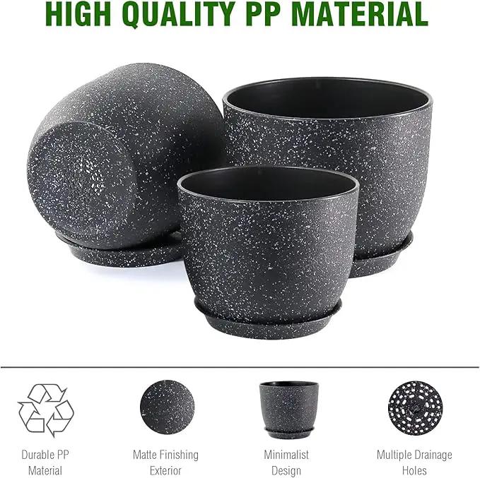 Plant Pots 10/9/8 inch, Set of 3 Modern Decorative Plastic Planters with Drainage Holes and Saucers for Garden House Plants, Flower Pots for Indoor Outdoor Plants, Speckled Black by GreenHaven Gardens