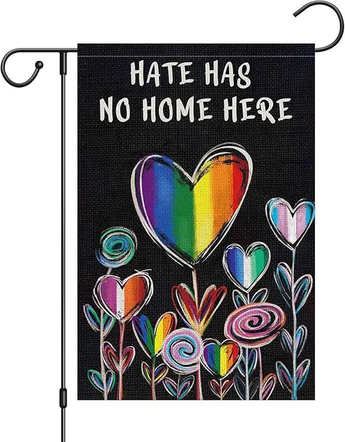 Hate Has No Home Here Pride Garden Flag 12x18 Double Sided Burlap, Small Rainbow Love Heart Gay Lesbian LGBT Pansexual Yard Sign Banner for Pride Month Porch Outdoor Decor by GreenHaven Gardens